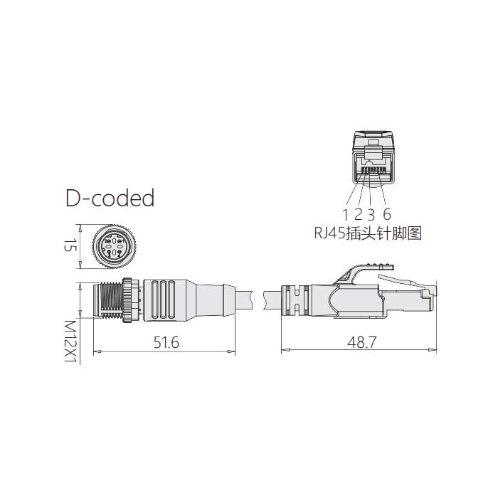 M12 4Pin D-coded、公頭直型轉(zhuǎn)RJ45公頭直型、雙端預(yù)鑄PVC非柔性電纜、帶屏蔽、黃色護(hù)套、0C4168-XXX