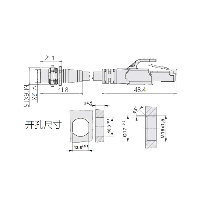 M12 4Pin D-coded、板面法蘭母頭轉(zhuǎn)RJ45公頭直型、雙端預(yù)鑄PVC非柔性電纜、帶屏蔽、黃色護套、0C4228-XXX